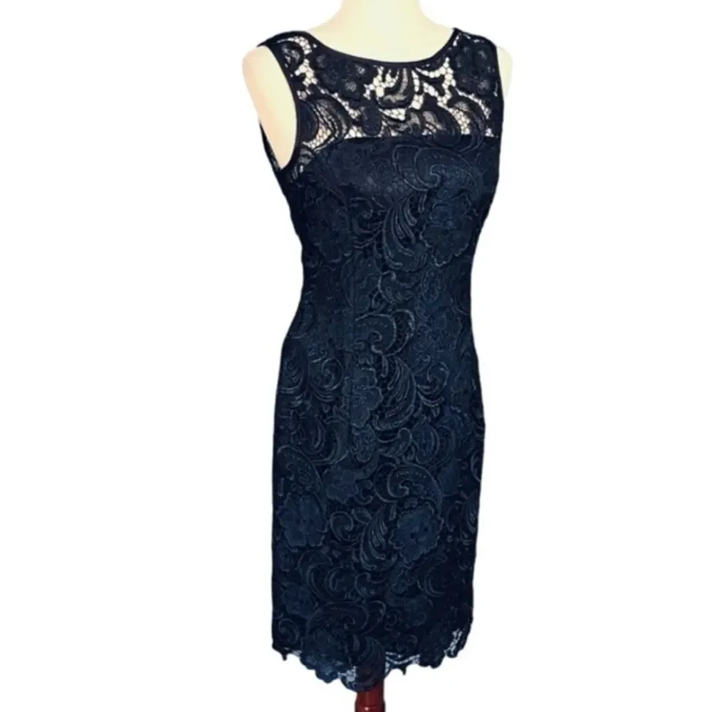 Adrianna Papell Special Occasion Navy Blue Lace Sleeveless Sheath Dress Size 8 - Picture 6 of 13